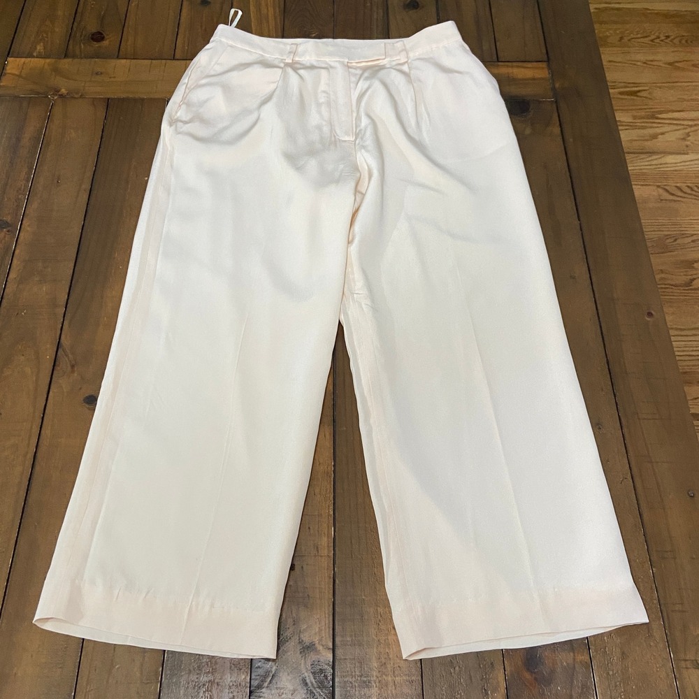 Vintage Neiman Marcus 100% Silk Wide Leg 32" Pleated Trousers Lined Cream Tag 14